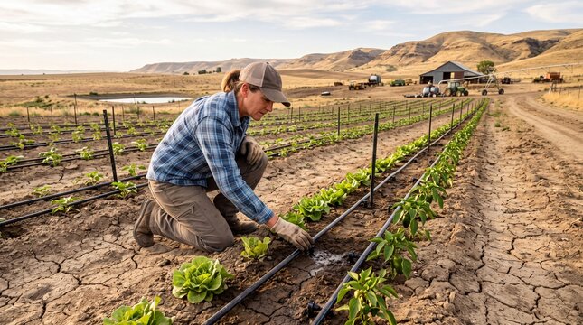 A farmer inspects a drip irrigation system in a dry field.