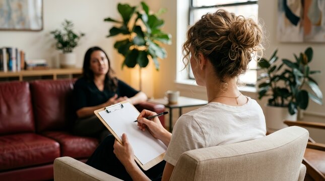 View from behind of a female psychotherapist during a counseling session