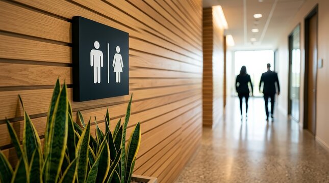 Modern restroom sign with man and woman icons on a wood paneled office corridor wall.