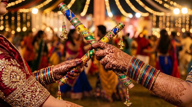 Women in ethnic attire performing traditional Garba dance during Radha Ashtami celebration.