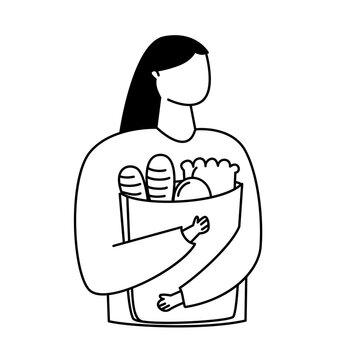 Minimalist line art of woman carrying paper shopping bag with fresh vegetables. Healty grocery illustration.