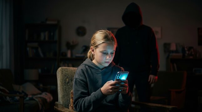 Young girl using a smartphone in the dark while unaware of online dangers.