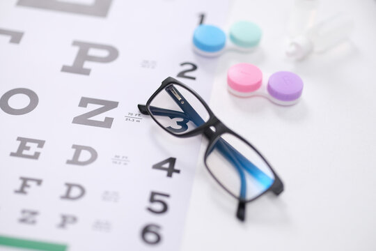 Glasses and lenses are on myopia testing chart closeup. Diagnosis of vision problems myopia hyperopia and glasses selection