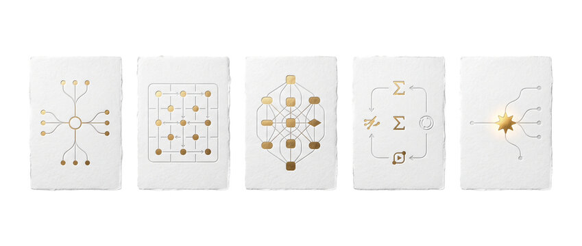 Artificial intelligence algorithm diagram cards showing neural network flow, data architecture logic, and machine learning process icons on luxurious white paper with gold foil. Minimalist tech.