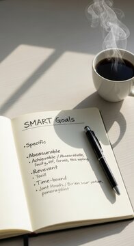 Open Notebook with SMART Goals and Pen Next to Steaming Coffee Cup on Desk.