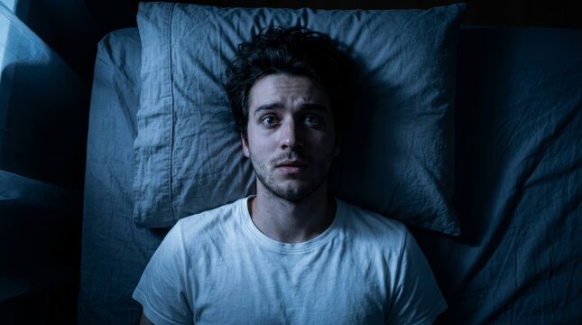 Man lying awake in bed at night suffering from insomnia and anxiety.