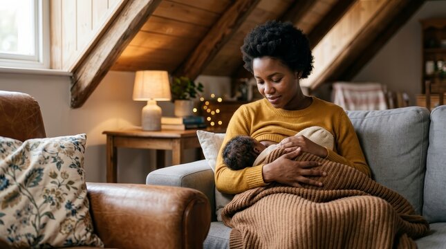 Young mother breastfeeding her newborn baby in a cozy living room.