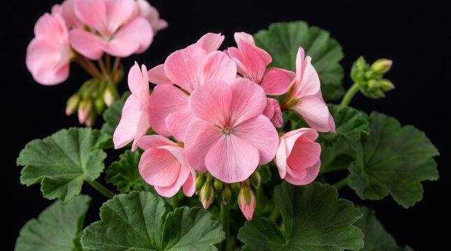 Soft pink geranium flowers with green foliage isolated on a transparent background.