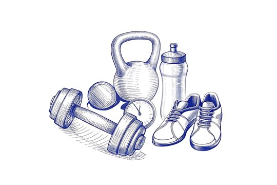 Sketch of gym equipment and athletic shoes set