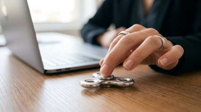 A woman using a laptop while playing with a fidget spinner on a wooden table in an office.