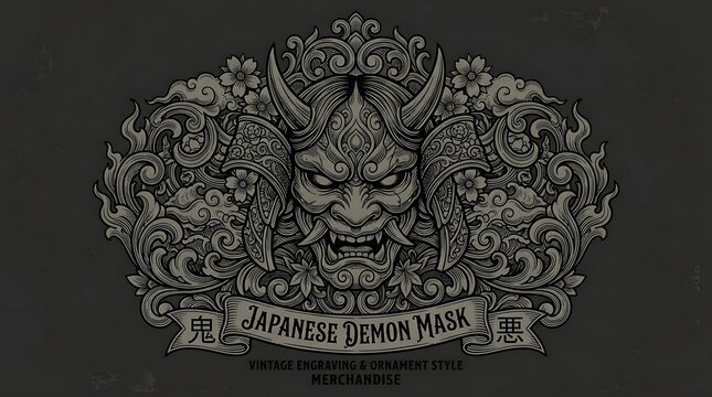 Vintage Engraving Style Japanese Oni Demon Mask with Floral Ornament