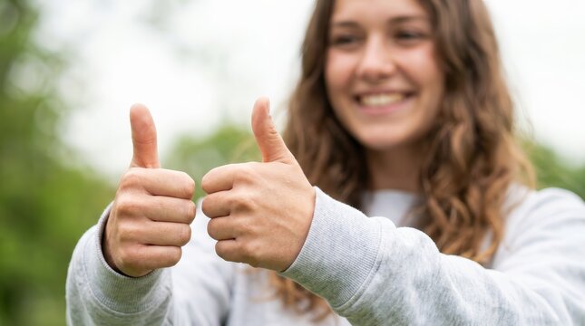 A closeup of a young woman making a double thumbs up hand sign.