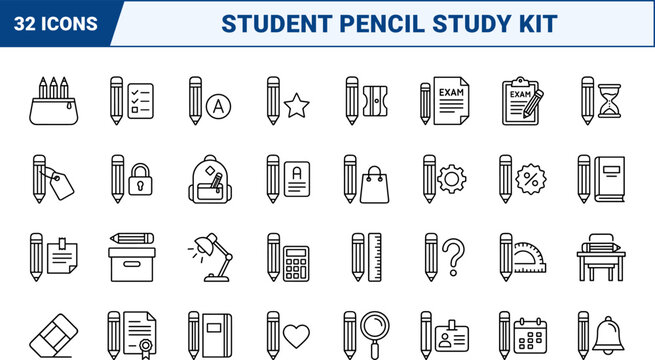 Pencil Exam Kit Web Icon Set in Linear Style. Collection of student stationery line icons, including school supply, test paper, study tools, exam bundle, discount kit, academic prep.