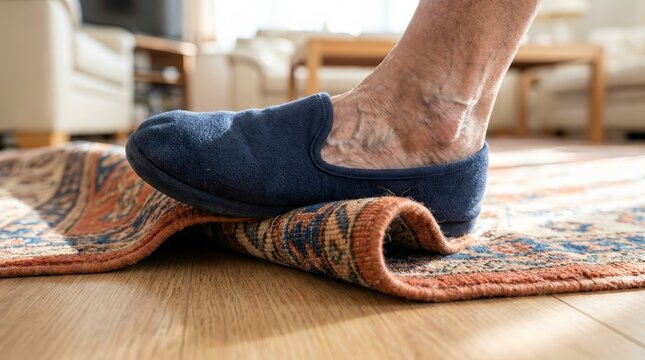Elderly person tripping over a curled rug edge as a home safety hazard.