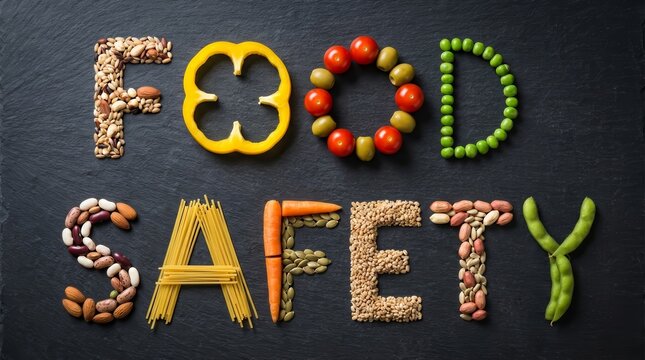Creative food safety concept featuring various ingredients arranged to spell the words.