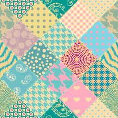 Naklejka premium Seamless abstract colorful patchwork pattern from flowers in folk style. Vintage decorative elements. Shabby chic background in retro colors. Vector