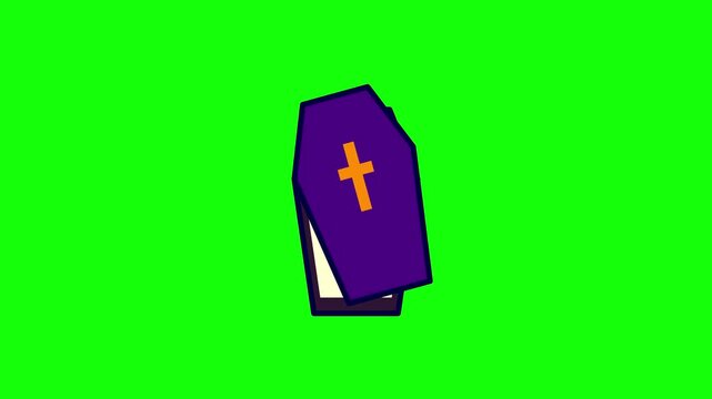 Cartoon illustration of a purple casket coffin with an orange Christian cross on the lid, partially open showing light interior, isolated on a bright green chroma key background.