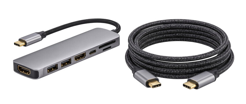 USB C Hub Adapter Cable Multiport Dock for Laptop High Speed Data Transfer Connectivity Modern Tech Accessories Braided Wire Fast Charging Digital Hardware Multi Port Reader Extension Dark Background