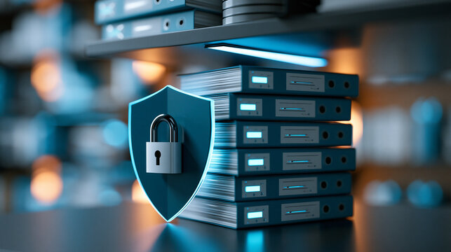 Secure healthcare database concept with encrypted patient records and digital shield, medical cybersecurity, privacy, hospital information system, with copy space