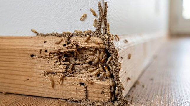 Close-up view of termite damage on a wooden interior structure.