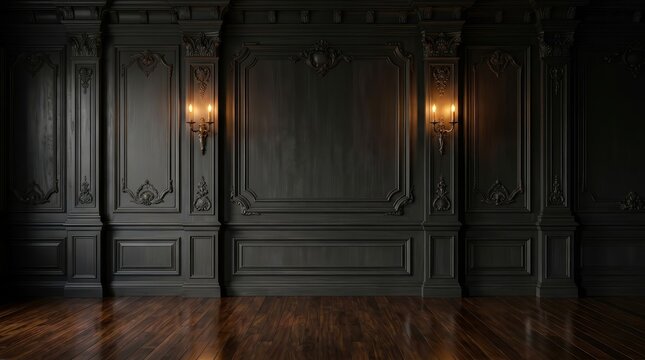 Dark victorian style wall with ornate wood panels and elegant molding.