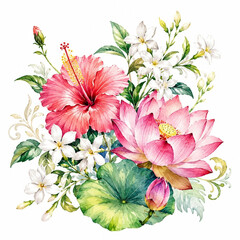Obraz premium Bengali inspired floral botanical watercolor illustration with hibiscus lotus and jasmine