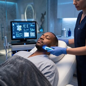 A Black man with eyes closed receives a blue LED light facial treatment from a gloved specialist, a skincare and dermatology concept.