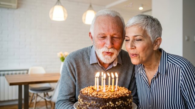 Senior couple celebrating a birthday by blowing out candles on a cake together.