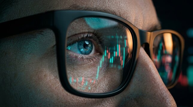 Stock market charts reflected in the lenses of a person wearing glasses.