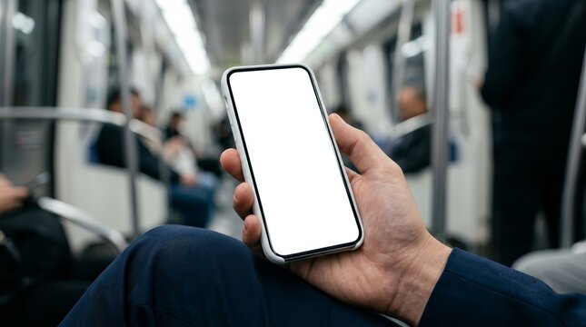 A person holding a white mobile phone with a blank screen in a subway.