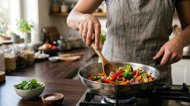 A woman cooking colorful stir fried vegetables in a stainless steel pan.