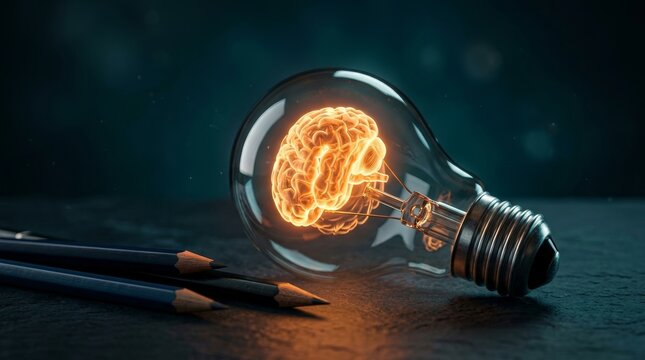 Glowing light bulb with a brain symbol and pencils for education and knowledge concept.