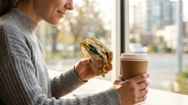 A woman eating a whole wheat sandwich and holding a coffee in the morning.