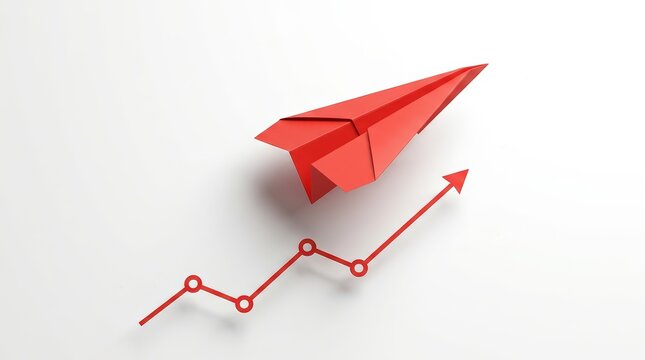 A red paper plane soaring above a strategy chart on a white surface to symbolize innovative business planning.