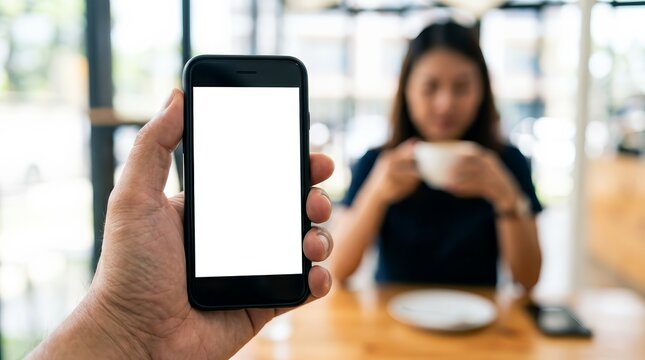Man holding a mobile phone with a blank white screen in a cafe with a woman in the background.