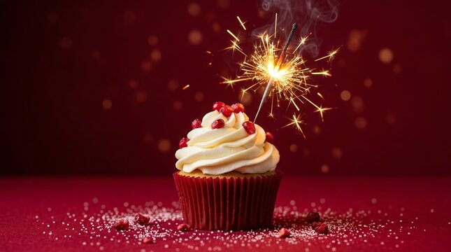 Festive cupcake with a lit sparkler on a vibrant red background.