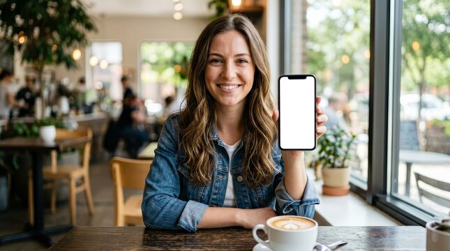 Beautiful woman holding a black mobile phone with blank screen in a cafe.