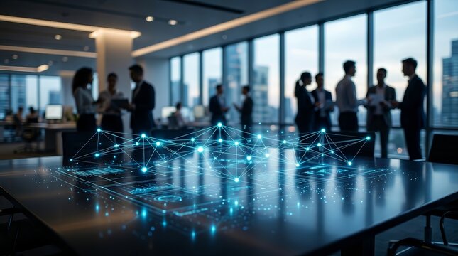 Digital transformation concept with network connections overlayed on a modern office table.