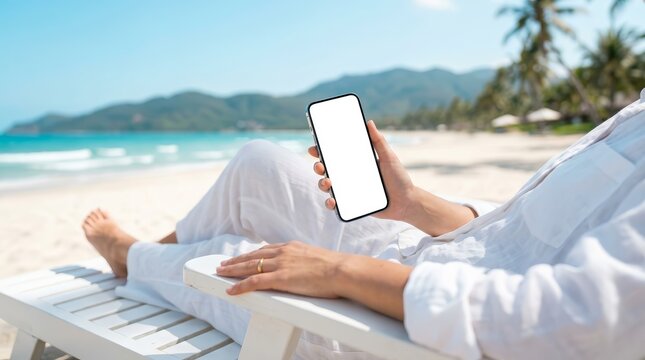 Woman holding a white mobile phone with a blank screen while relaxing on a beach chair.