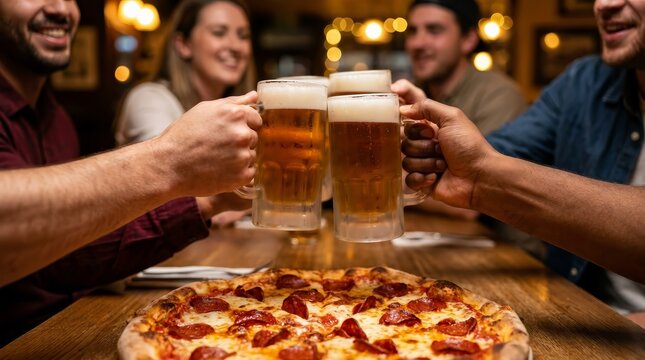 Friends toasting with glasses of beer over a delicious pepperoni pizza.