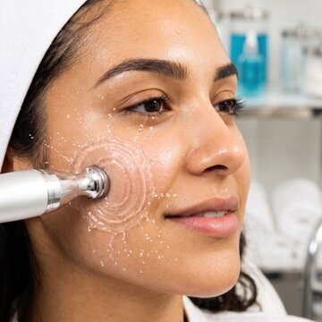 A woman relaxes as a gloved specialist applies a radiofrequency device to her cheek, a skin tightening and anti aging skincare treatment concept.