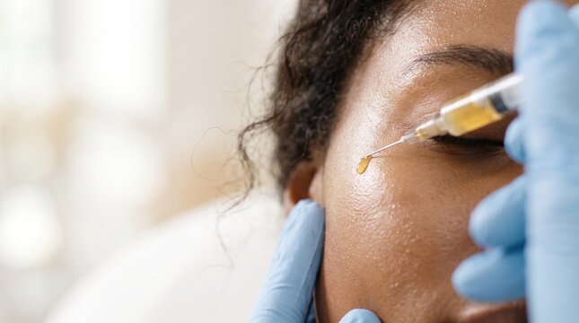 A Black woman receives a PRP injection into her cheek from a gloved specialist, a skin rejuvenation and cosmetic treatment concept.
