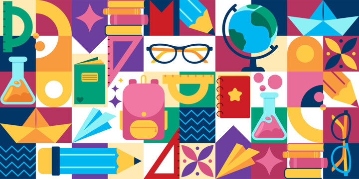 Back to school geometric background with colorful patterns and abstract design elements. Educational poster with books, notebooks and stationery icons. Vector illustration for student class events.