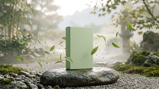 A light green rectangular product box sitting on a smooth stone in a zen garden with floating tea leaves and a misty forest background, for branding