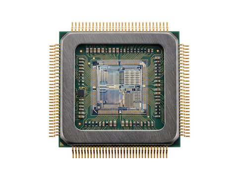 Computer processor microchip CPU semiconductor with detailed circuitry board isolated on black background presenting high tech electronic component hardware technology for digital innovation future.