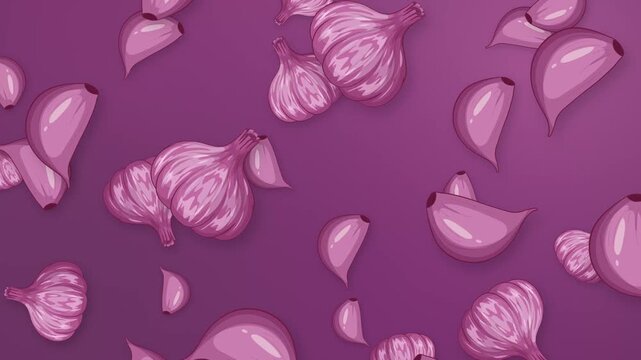 Animated Falling Garlic Bulbs and Cloves on Purple Background