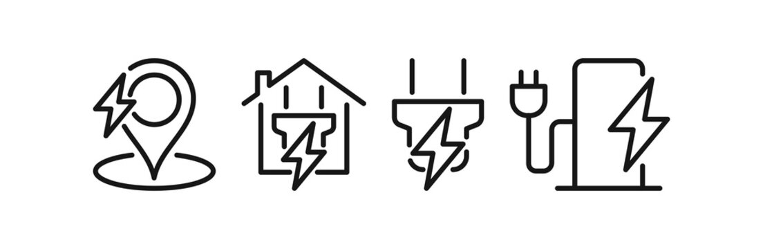 EV charging icon set, location pin with lightning bolt, house with power symbol, plug with bolt and charging station for electric vehicle infrastructure flat illustration.
