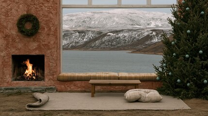 Naklejka premium Cozy cabin sitting room with a warm stone fireplace and large windows framing a snowy mountain lake, ideal for virtual backgrounds and travel