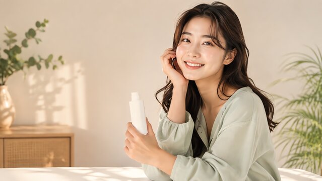 Smiling young woman holding skincare bottle with radiant skin in a bright home interior