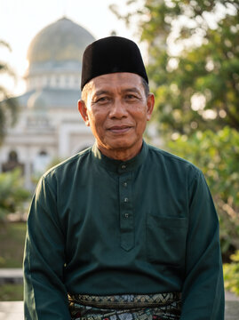 Senior Malay man in songkok and baju melayu near mosque